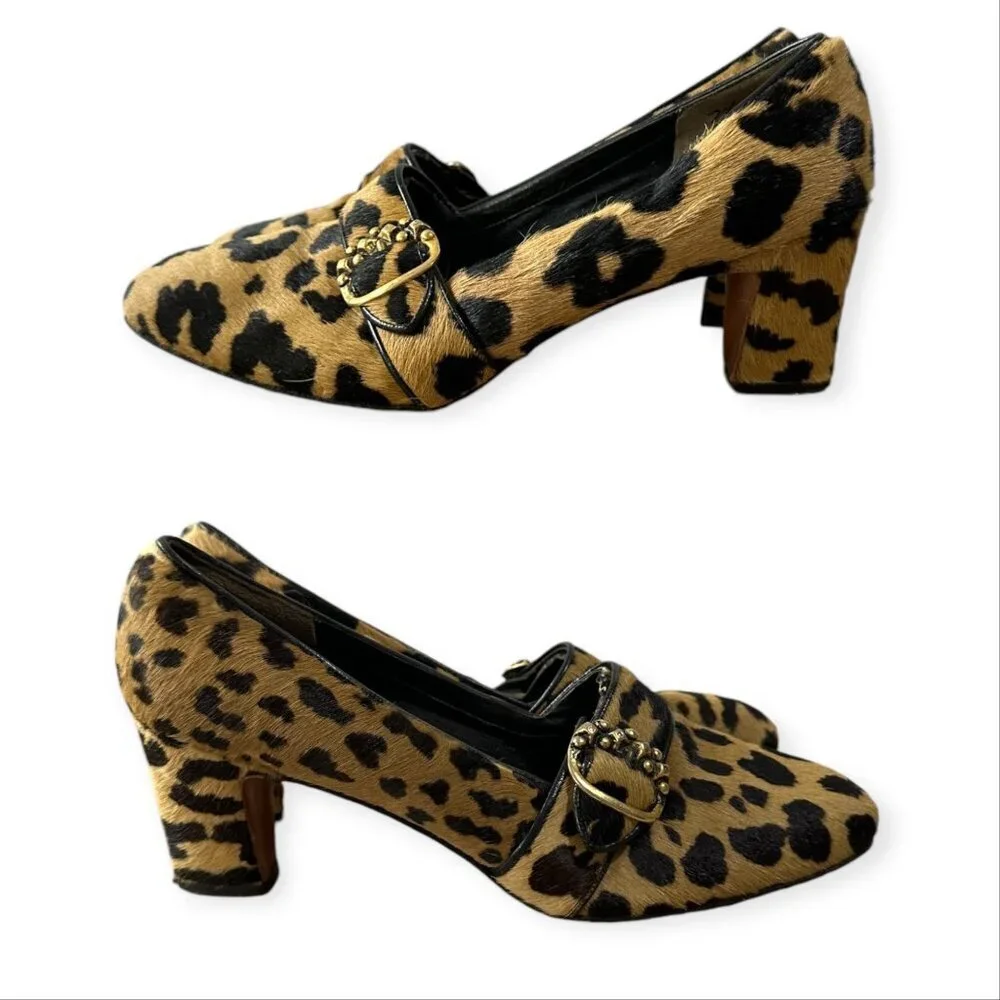 Vintage 1969 Herbert Levine Leopard Hair Calf Mod Pumps Gold Buckle, 7.5 AA